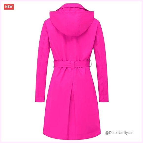 Long Trench Coat Double-Breasted Classic Lapel Slim Fit Belted Detachable Hood - Picture 2 of 6